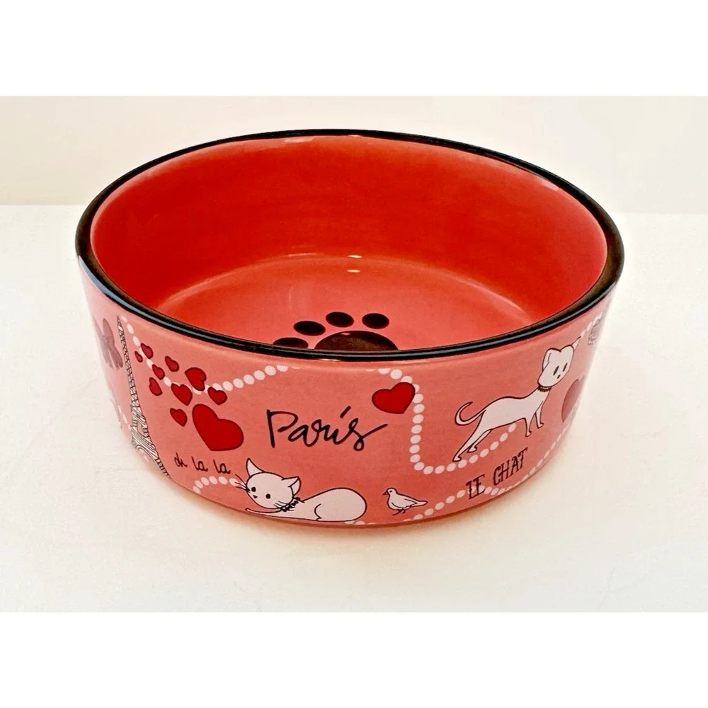 WHISKER CITY Pink Cat Bowl Paris Eiffel Tower Hearts Amour Ceramic Pet Dish